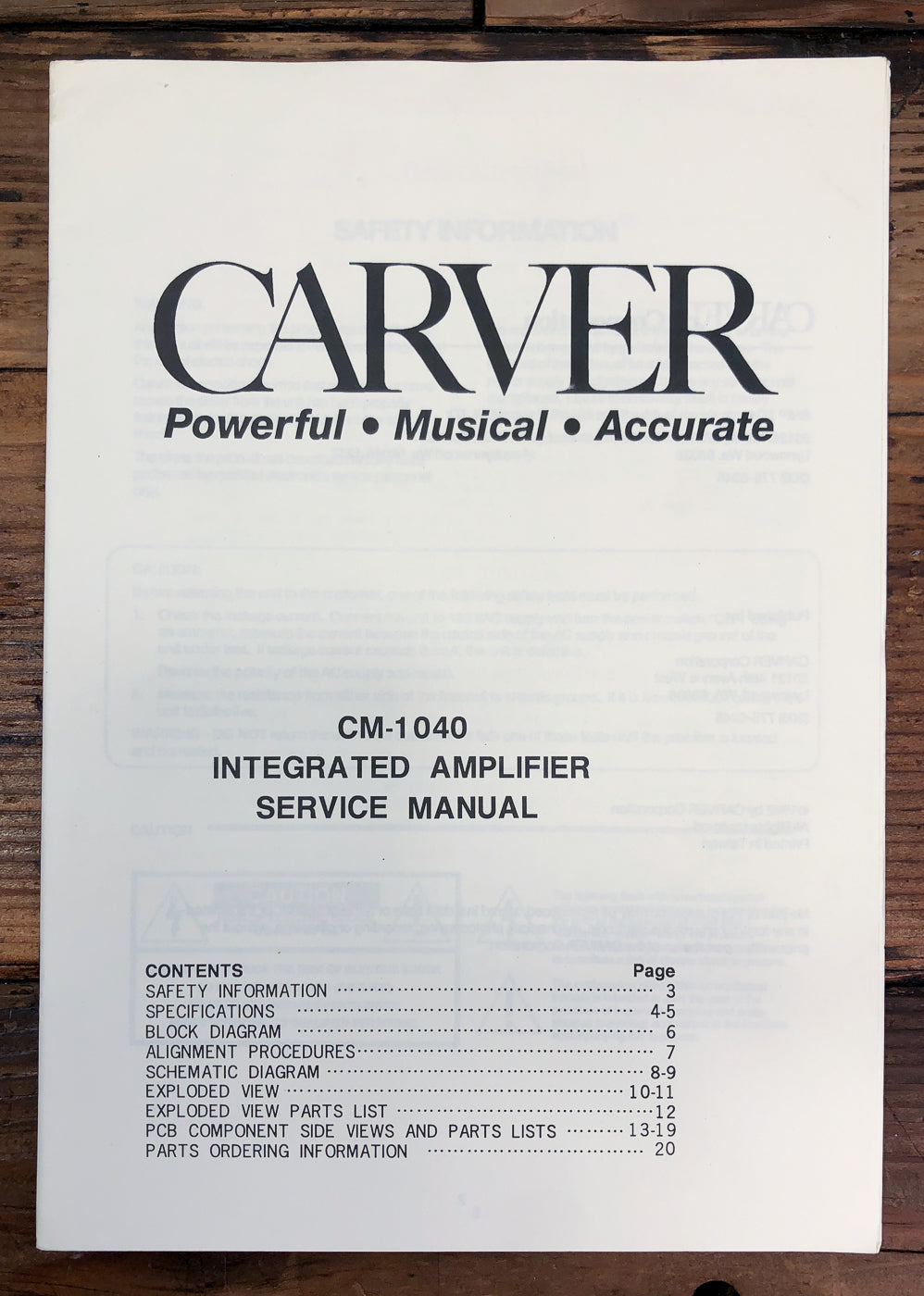 Carver CM-1040 Amplifier Service Manual *Original*