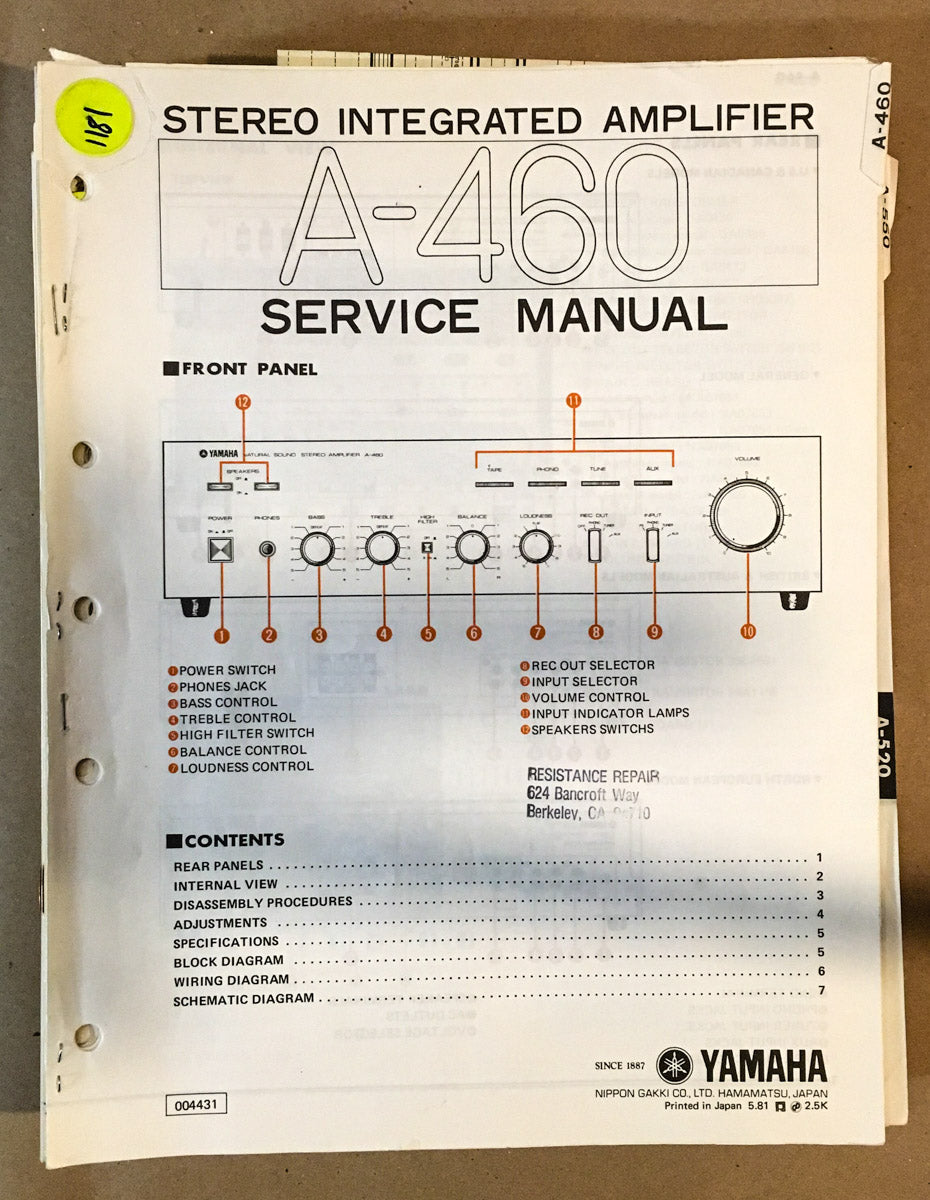 Yamaha A-460 Amplifier  Service Manual *Original*
