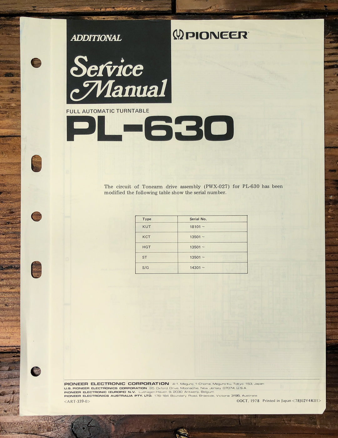 Pioneer PL-630 Turntable Supp. Service Manual *Original*