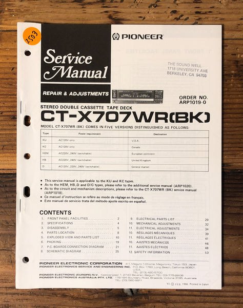 Pioneer CT-X707WR Cassette  Service Manual *Original* #1