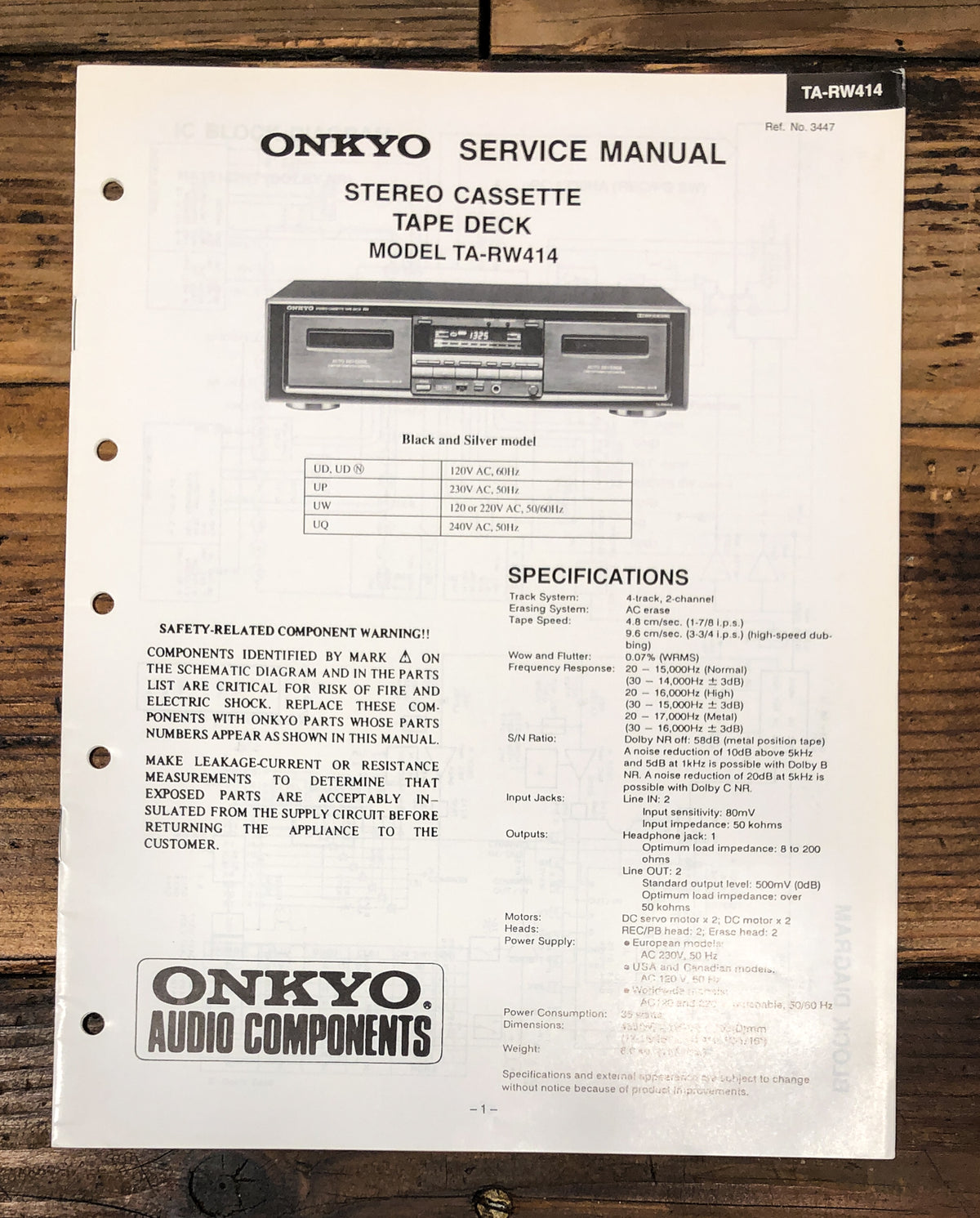 Onkyo TA-RW414 Cassette Service Manual *Original*