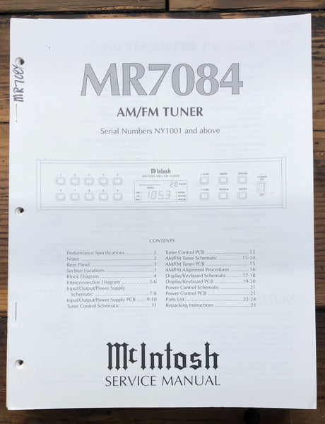 McIntosh MR7084 MR-7084 Tuner  Service Manual *Original* #1