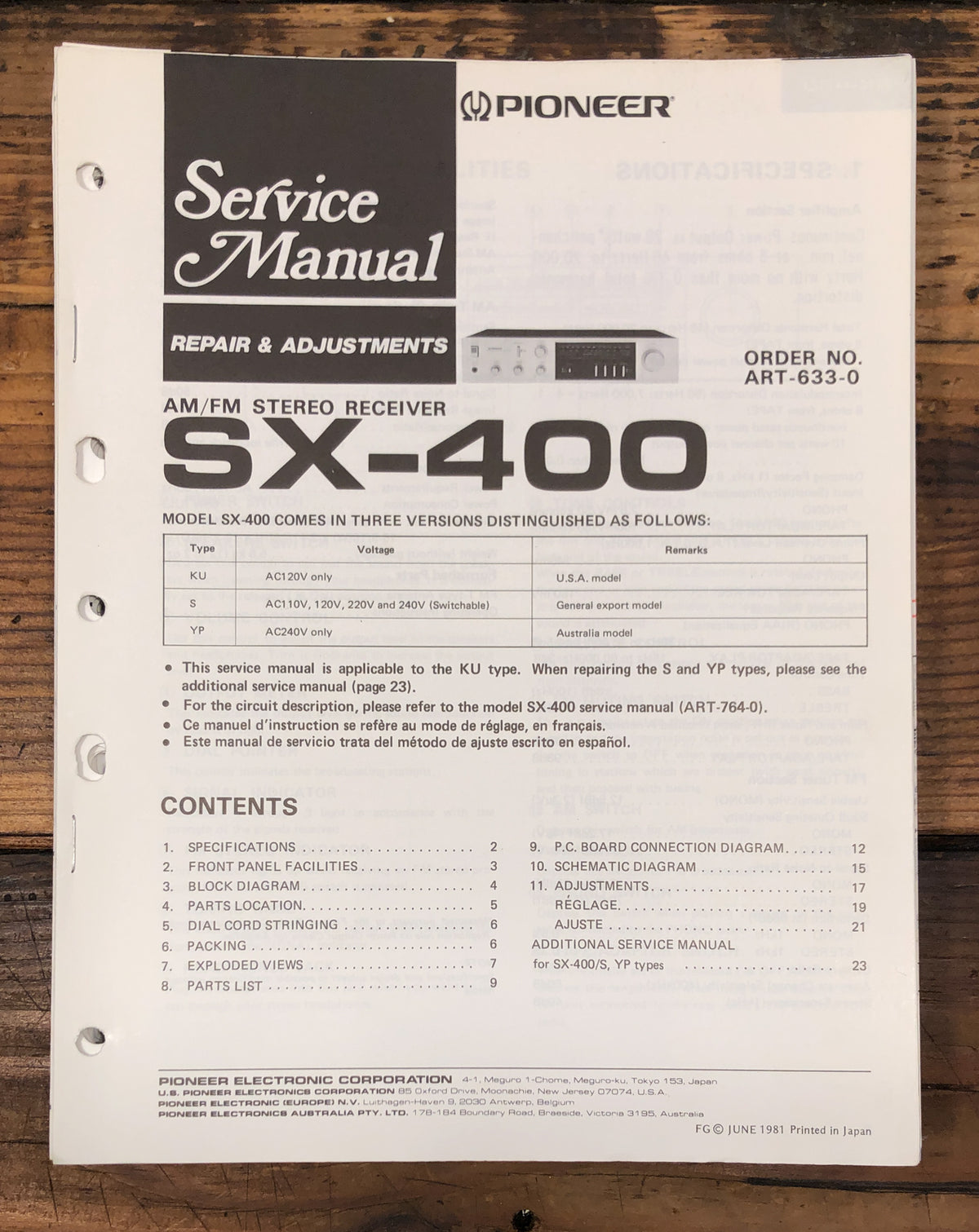 Pioneer SX-400 Receiver Service Manual *Original*