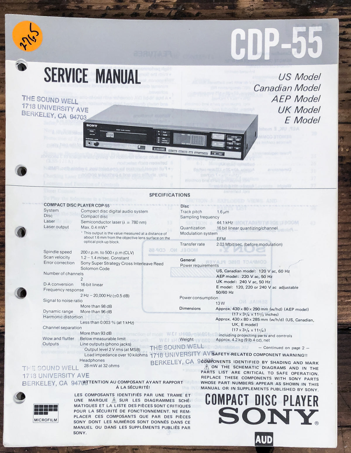 Sony CDP-55 CD Player  Service Manual *Original*