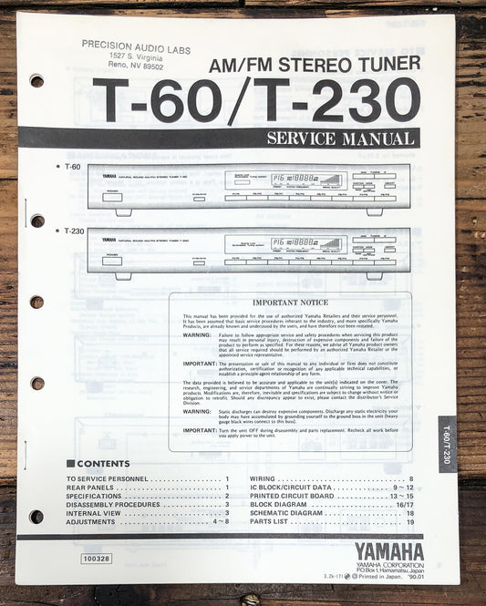 Yamaha T-60 T-230 Tuner Service Manual *Original*