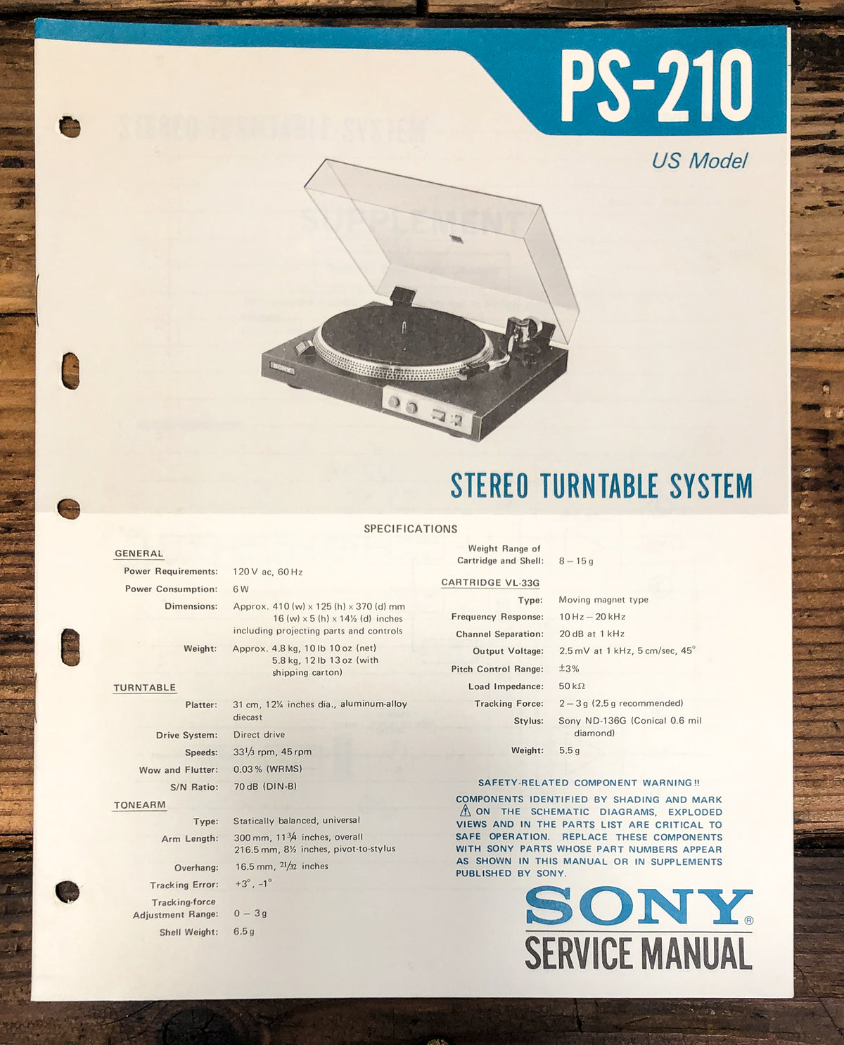 Sony PS-210 Record Player / Turntable Service Manual *Original*