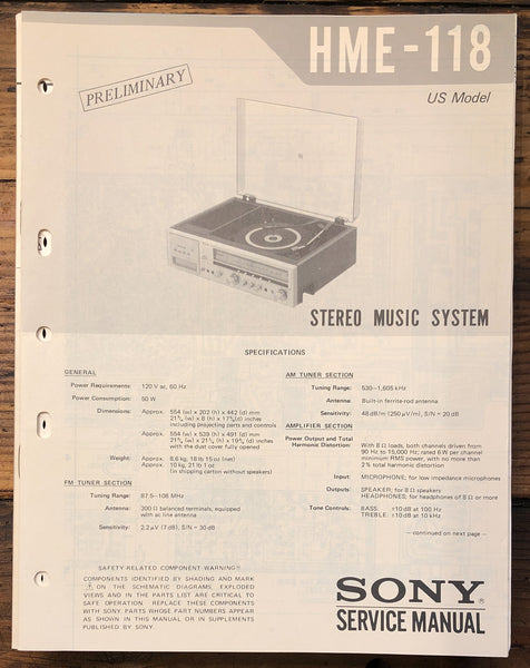 Sony HME-118 Stereo Prelim. Service Manual *Original*