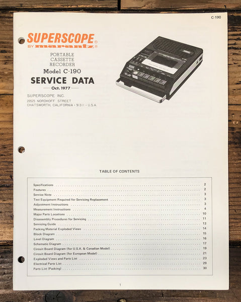 Superscope C-190 Portable Cassette Service Manual *Original*