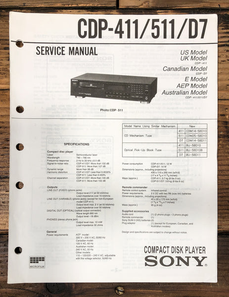 Sony CDP-411 CDP-511 CDP-D7 CD Player Service Manual *Original*