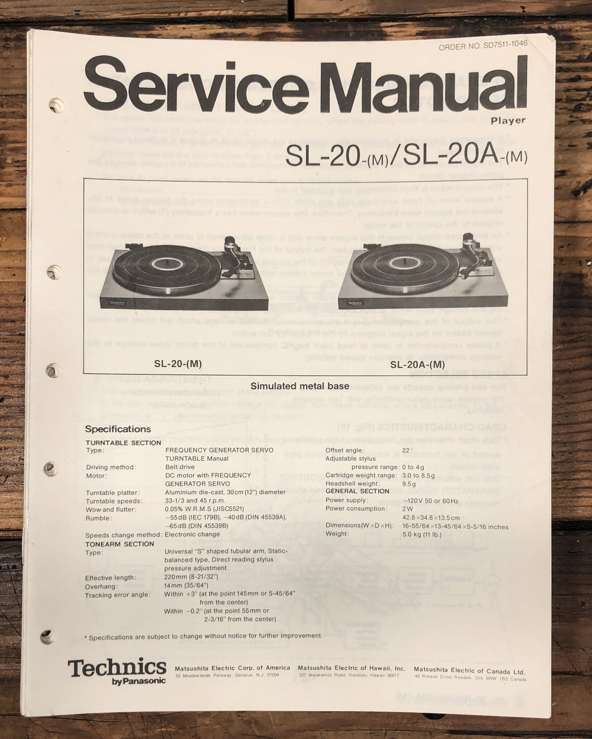 Technics / Panasonic SL-20 SL-20A Turntable  Service Manual *Original*