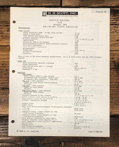 HH Scott Model 388 Receiver Service Manual *Original*