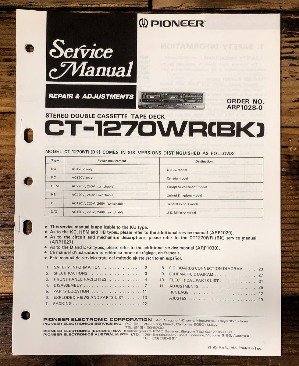 Pioneer CT-1270WR Cassette Service Manual *Original* #2