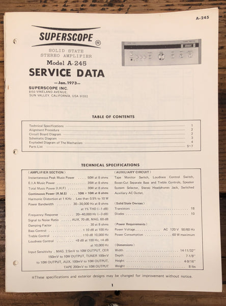Superscope A-245 Amplifier  Service Manual *Original*