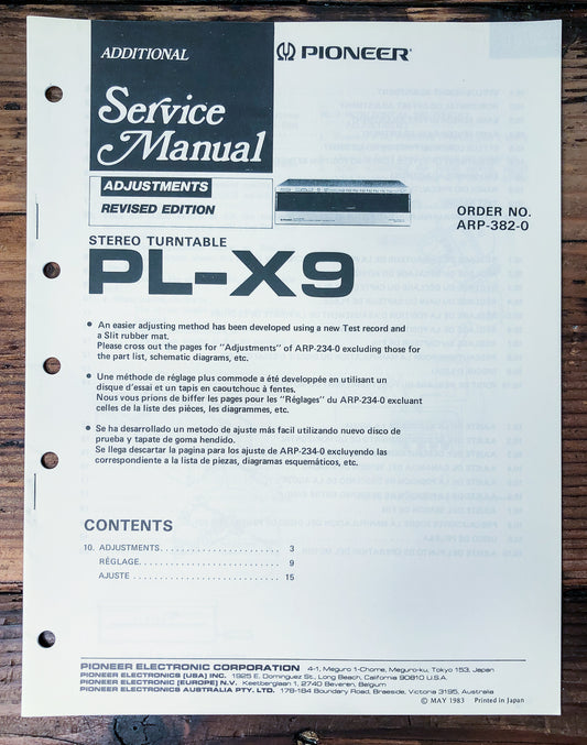 Pioneer PL-X9 Revised Adjustments Turntable Supp. Service Manual *Original*