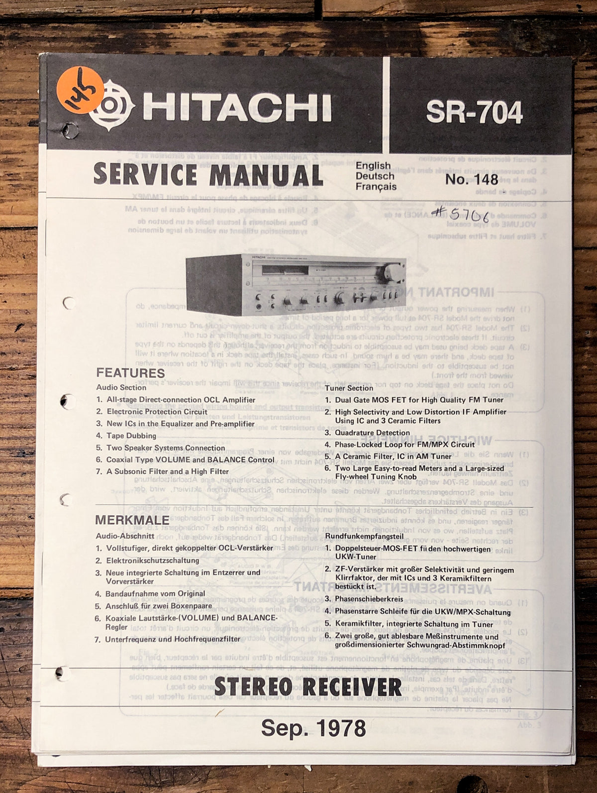Hitachi SR-704 Receiver  Service Manual *Original*