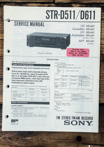 Sony STR-D511 STR-D611 Receiver  Service Manual *Original*