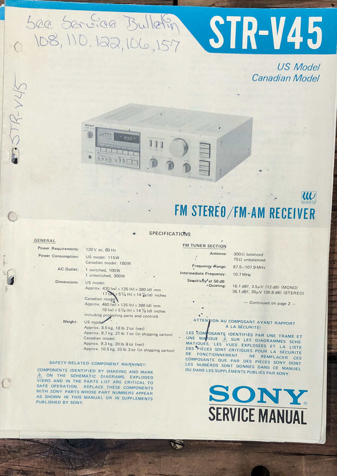 Sony STR-V45 Receiver  Service Manual *Original*