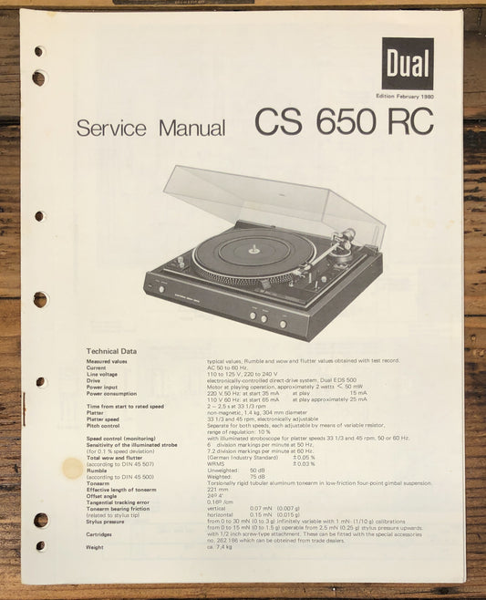 Dual CS 650 RC Record Player / Turntable Service Manual *Original*