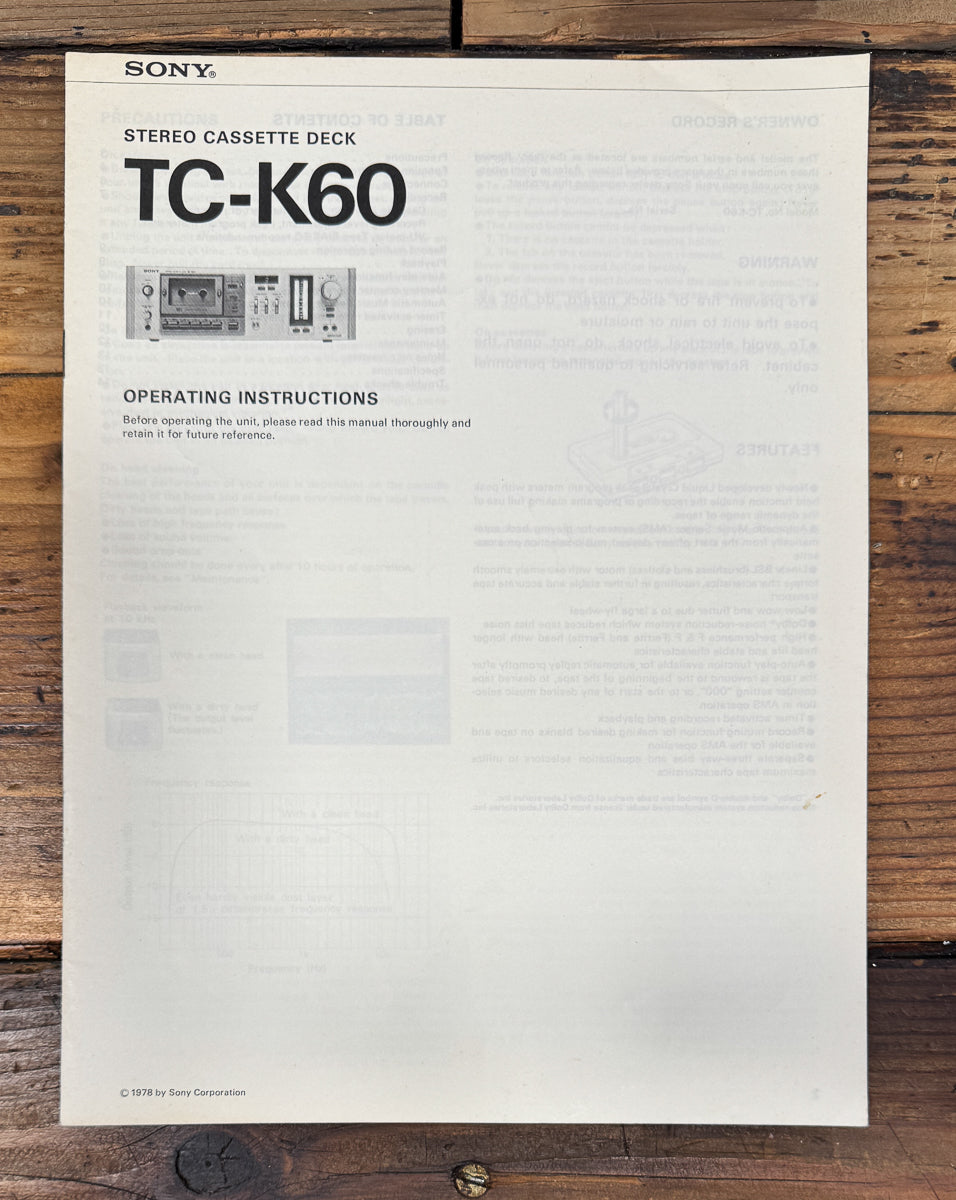Sony TC-K60 Cassette Owners / User Manual *Original*