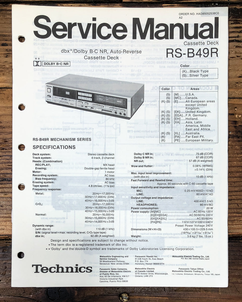 Technics RS-B49R Cassette Service Manual *Original*
