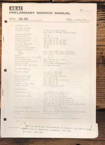 Akai UC-S5  PreliminaryService Manual *Original*