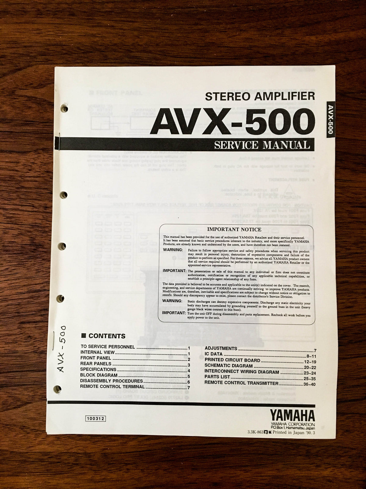 Yamaha AVX-500 Amplifier Service Manual *Original*