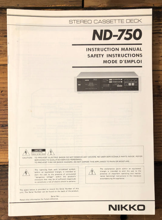 Nikko ND-750 Cassette  Owner / User Manual *Original*