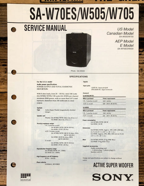 Sony SA-W70ES SA-W505 SA-W705 Super Woofer  Service Manual *Original*
