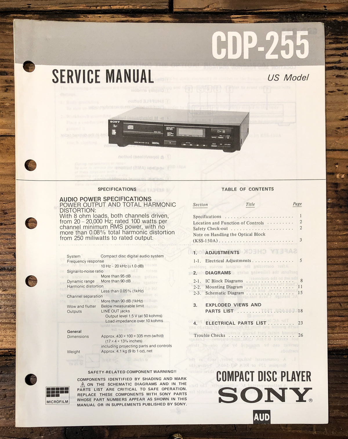 Sony CDP-255 CD Player Service Manual *Original*
