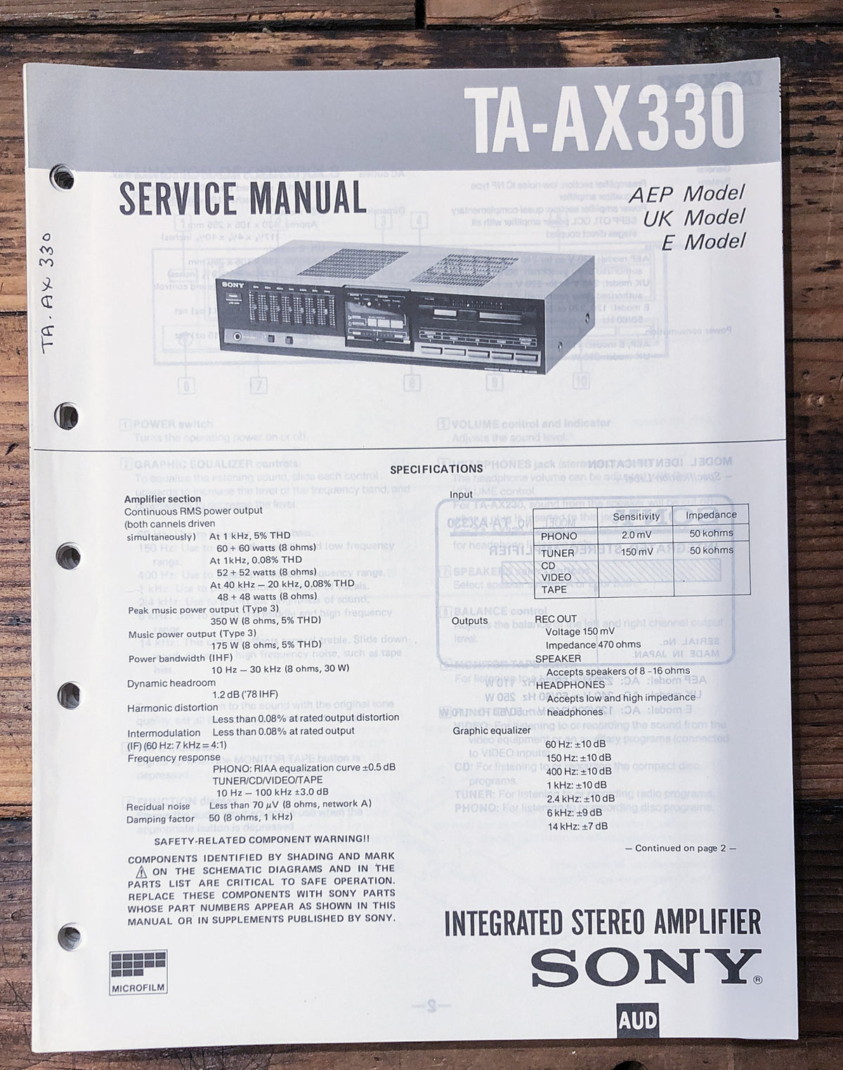 Sony TA-AX330 Amplifier  Service Manual *Original*