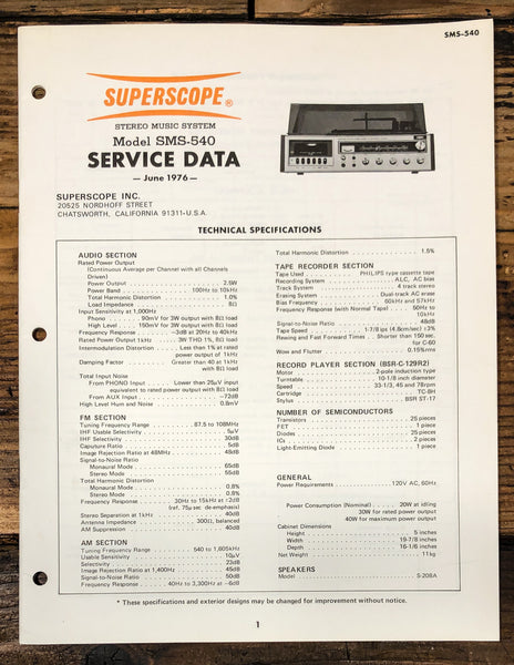 Superscope SMS-540 Stereo Service Manual *Original*