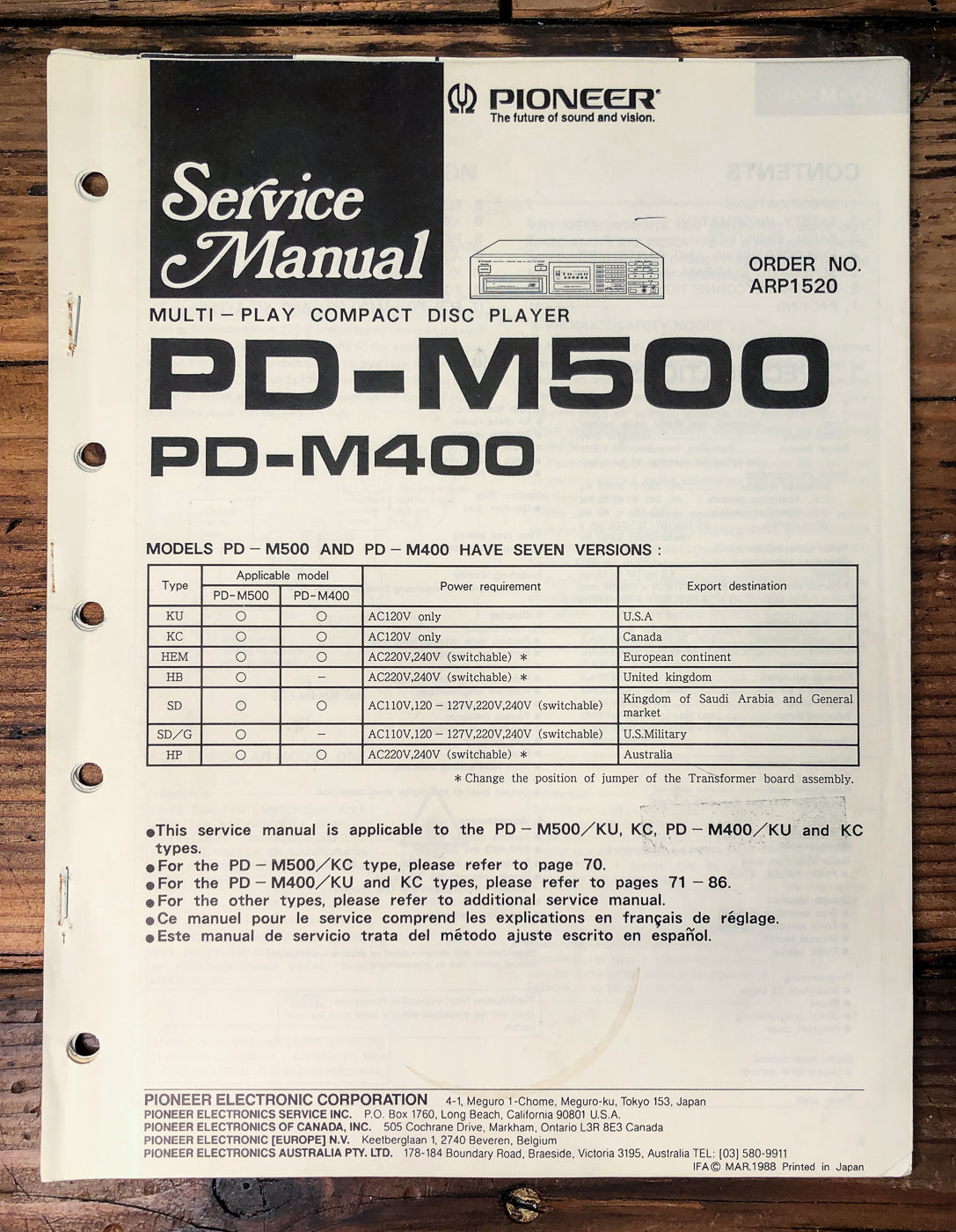 Pioneer PD-M500 PD-M400 CD Changer Service Manual #1 *Original*