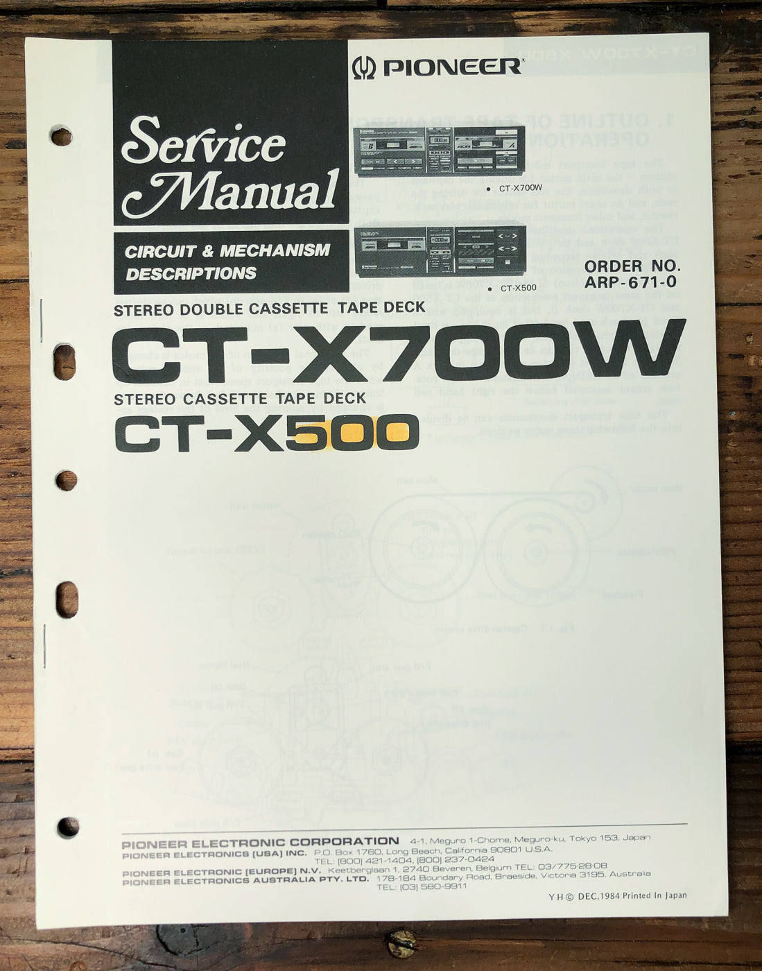 Pioneer CT-X700W CT-X500 Double Cassette Deck Service Manual *Original*