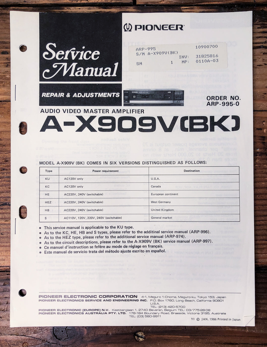 Pioneer A-X909V AV Amplifier Service Manual *Original*