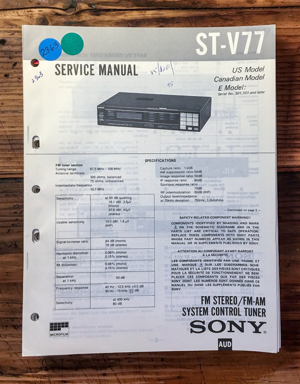 Sony ST-V77 Tuner  Service Manual *Original*