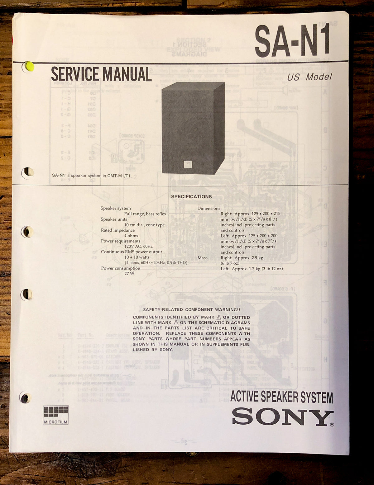 Sony SA-N1 Speaker  Service Manual *Original*