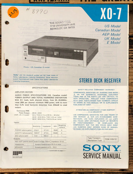Sony XO-7 Cassette Receiver  Service Manual *Original*