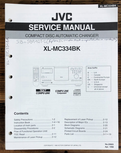 JVC XL-MC334BK XL-MC334 CD Changer  Service Manual *Original*