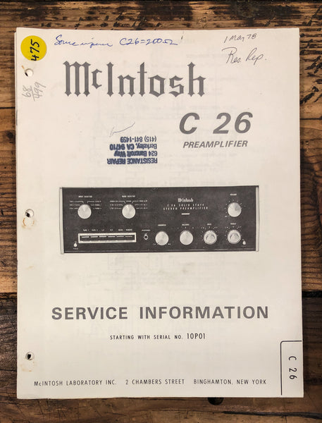 McIntosh C 26 C26 Preamplifier  Service Manual *Original*