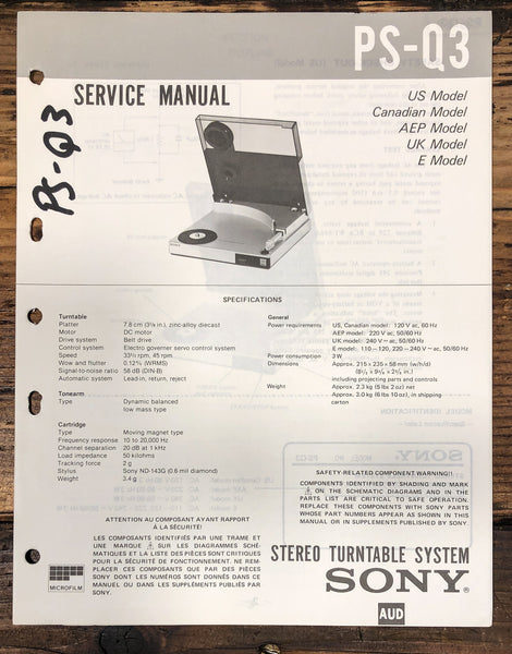 Sony PS-Q3 Record Player / Turntable Service Manual *Original*