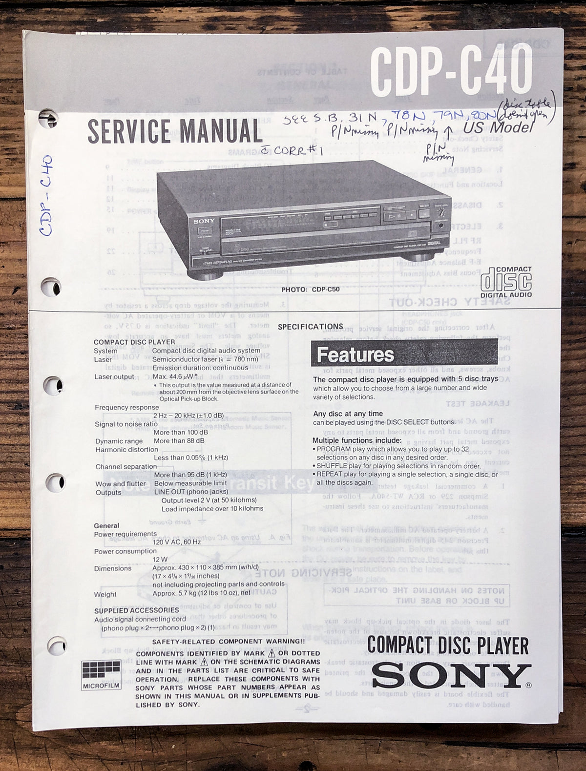 Sony CDP-C40 CD Player  Service Manual *Original*