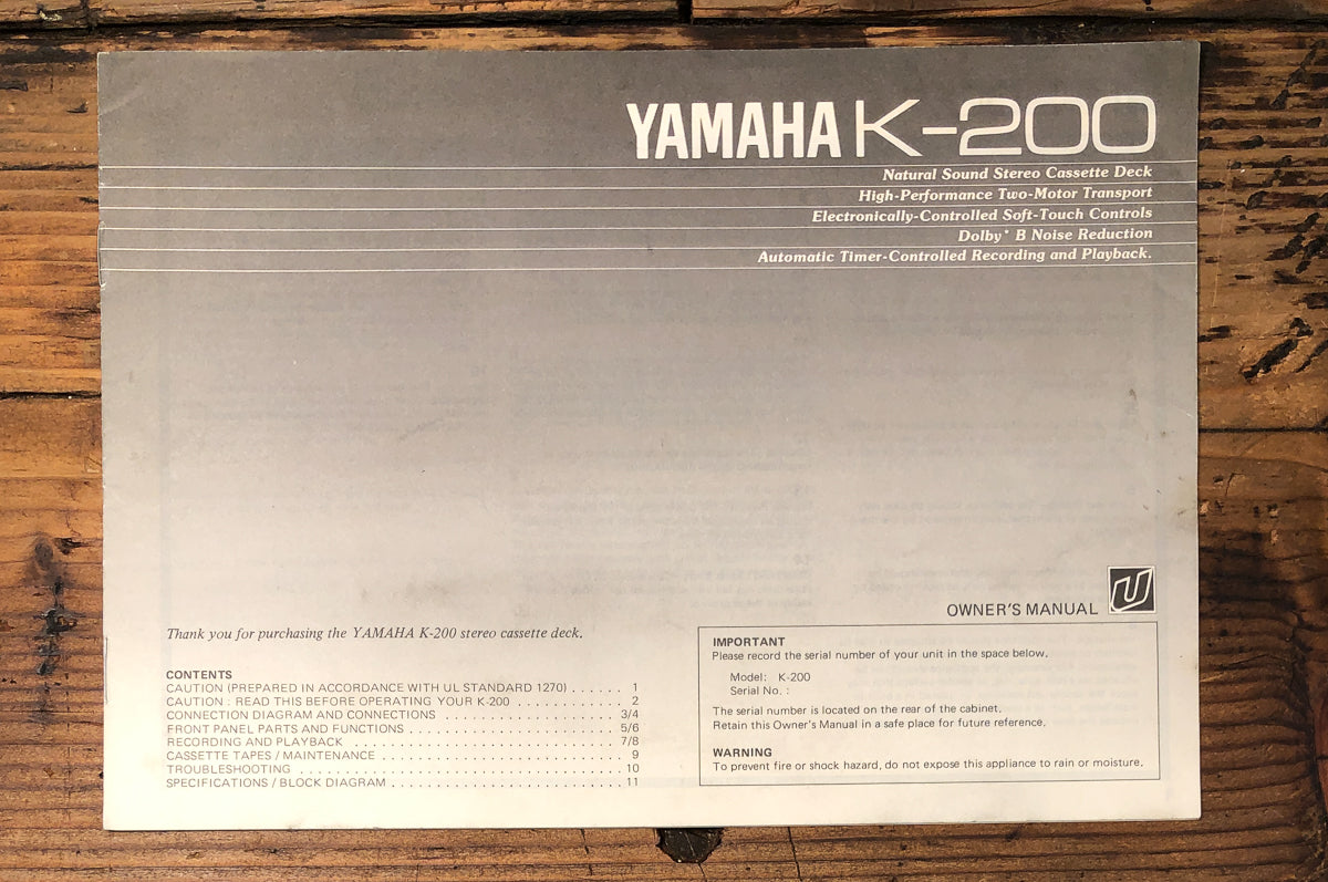 Yamaha K-200 Cassette Owners / User Manual *Original*