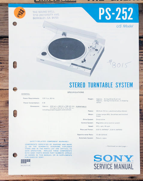Sony PS-252 Record Player / Turntable  Service Manual *Original*