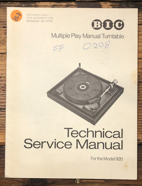 BIC Model 920 Record Player / Turntable  Service Manual *Original*