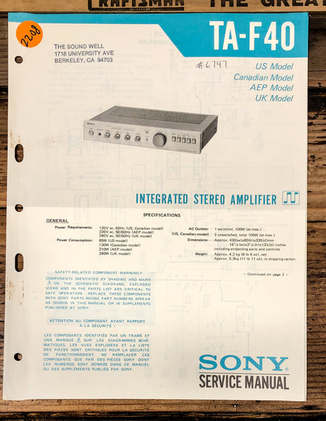 Sony TA-F40 Amplifier  Service Manual *Original*