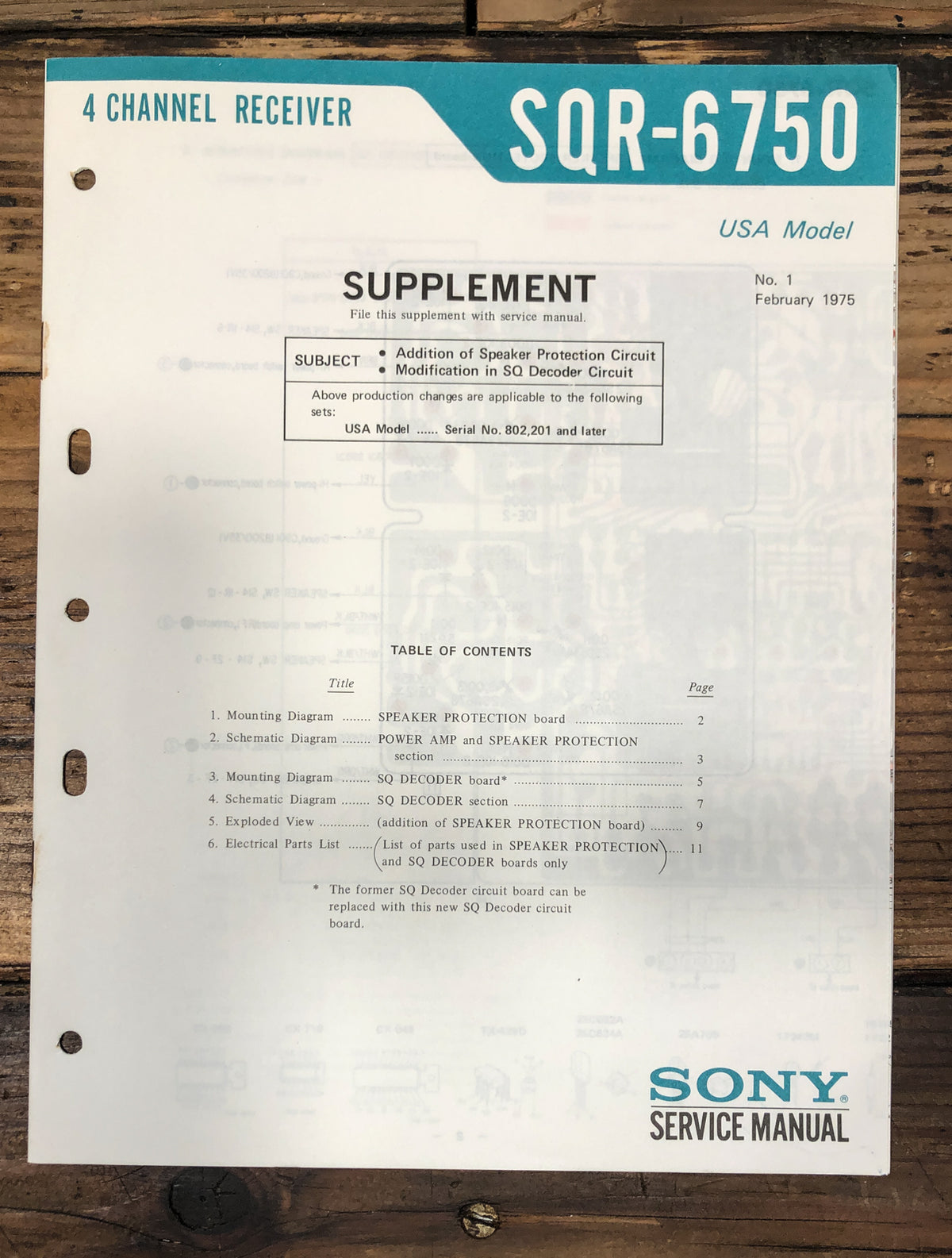 Sony SQR-6750 Receiver Supp. Service Manual *Original*