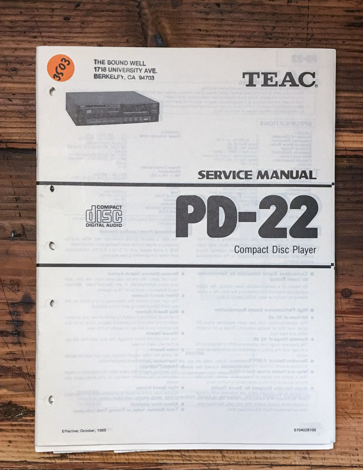 Teac PD-22 CD Player  Service Manual *Original*