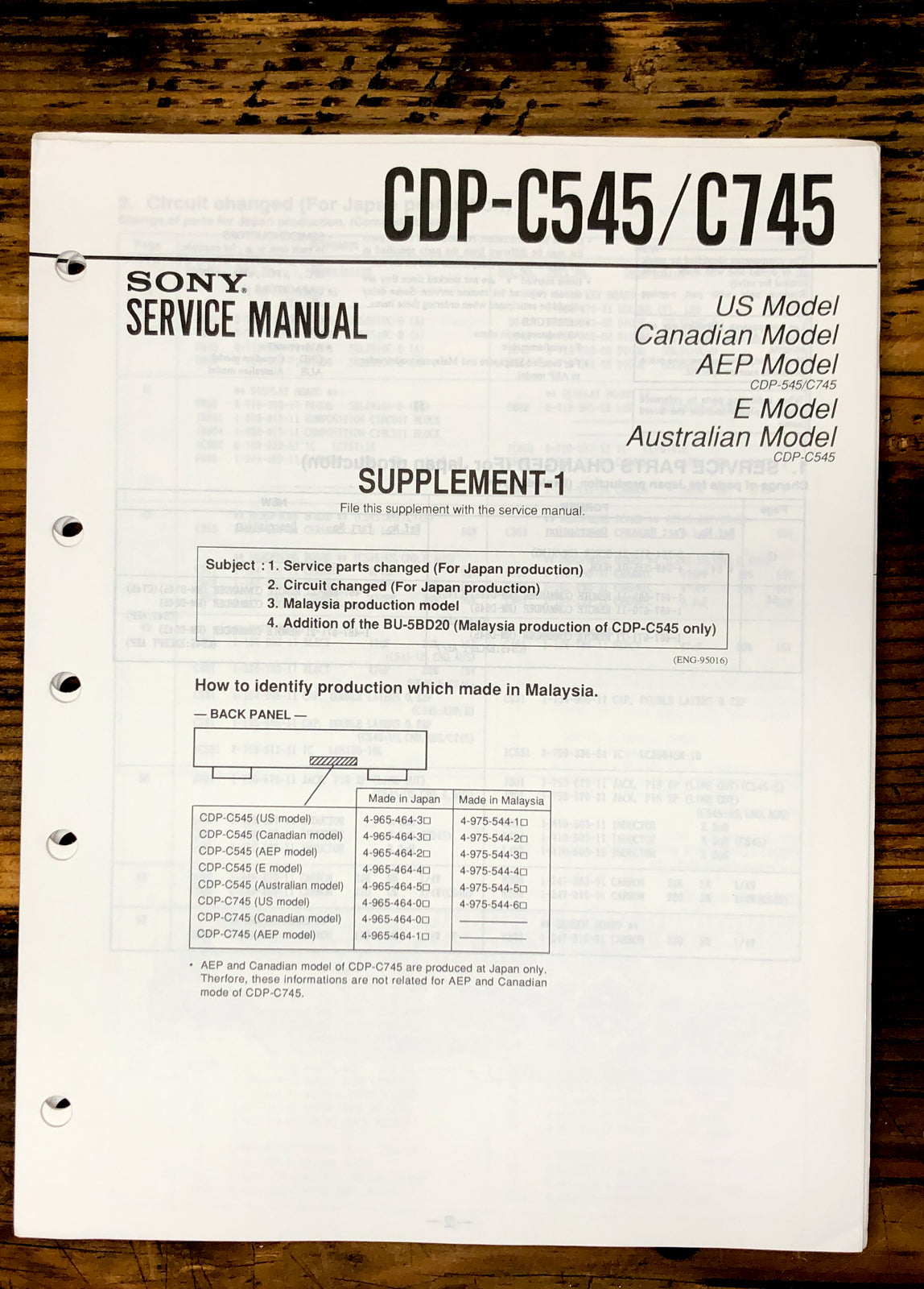 Sony CDP-C545 CDP-C745 CD Player Supp. Service Manual *Original*