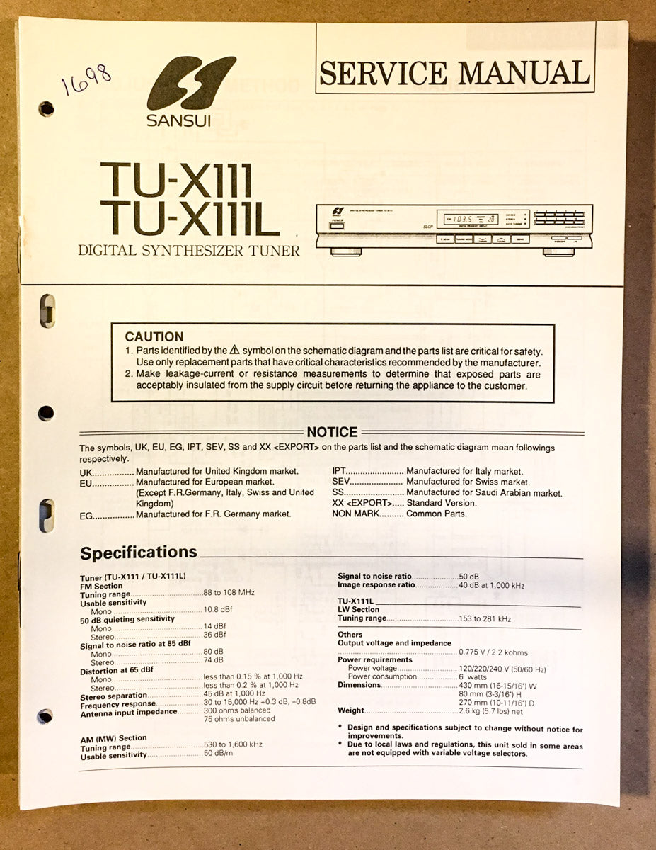 Sansui TU-X111 Tuner Service Manual *Original*