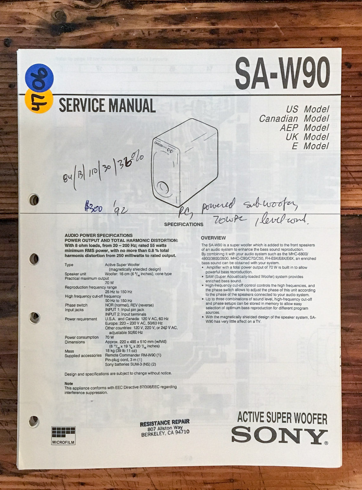 Sony SA-W90 Super Woofer  Service Manual *Original*